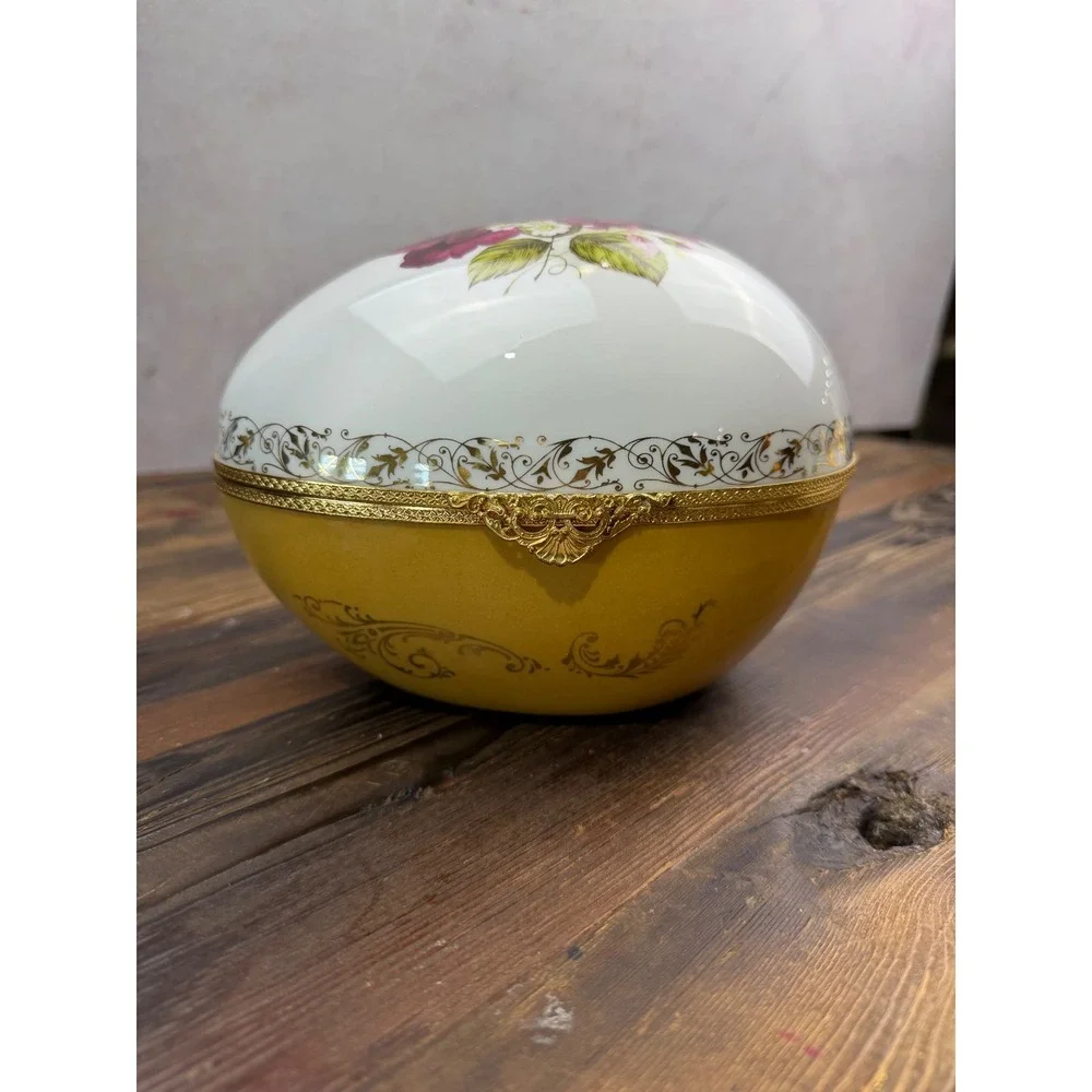Artoria Limoges France Porcelain Egg Trinket Box Yellow Pink Roses Gold Filigree